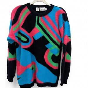 Vtg Rafaella Angora Wool Blend Abstract Sweater Pink Blue Green Size M Fuzzy 80s